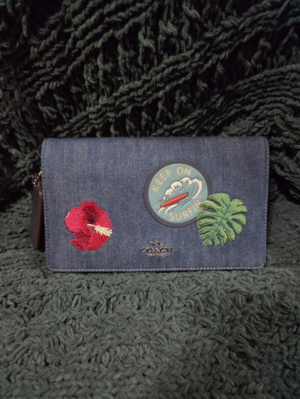 Coach Denim & Leather Trim Foldover Crossbody/Clutch with Hawaii Surfin' Patches